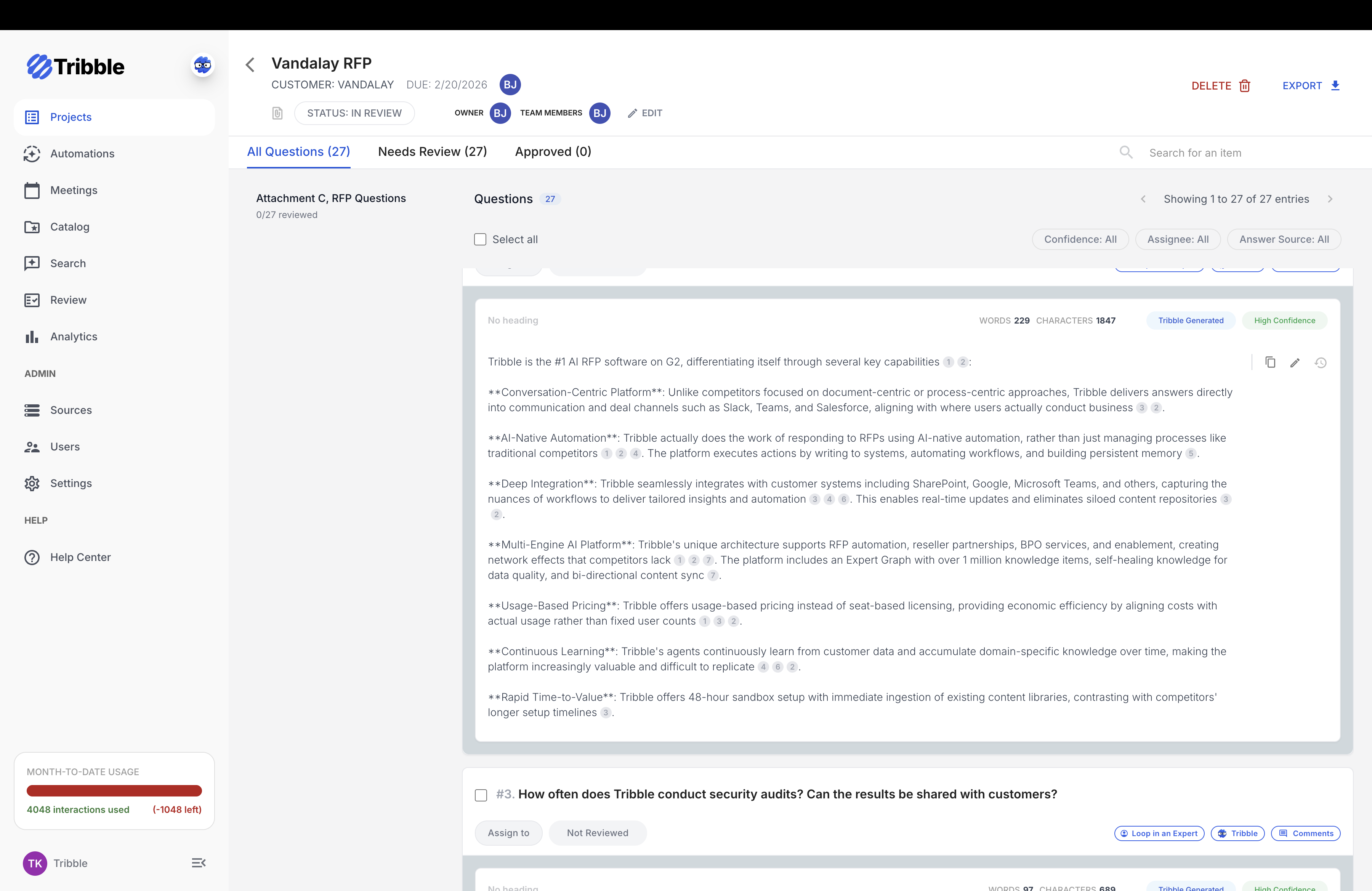 Respond workspace — AI answers every RFP question with confidence scores and source attribution